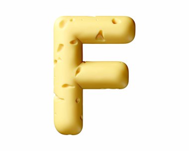 Peynirden yapılmış mektuplar. Beyaz arkaplanda izole edilmiş üç boyutlu sarı alfabe çizimi