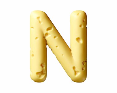Peynirden yapılmış mektuplar. Beyaz arkaplanda izole edilmiş üç boyutlu sarı alfabe çizimi