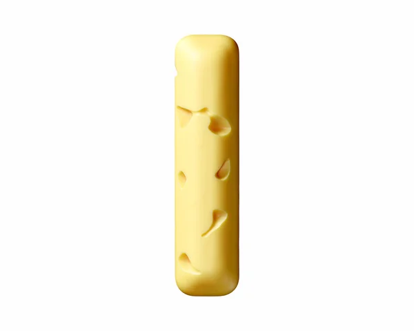是奶酪做的信3D在白色背景上孤立的黄色字母表说明 — 图库照片