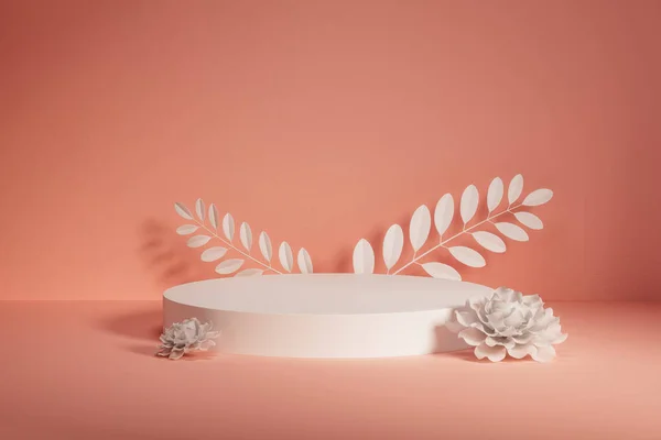 ピンクの背景に紙の芸術彫刻スタイルで作られた3Dプレゼンテーション台座 表示用又は広告用の表示用の表示用モックアップの3Dレンダリング — ストック写真