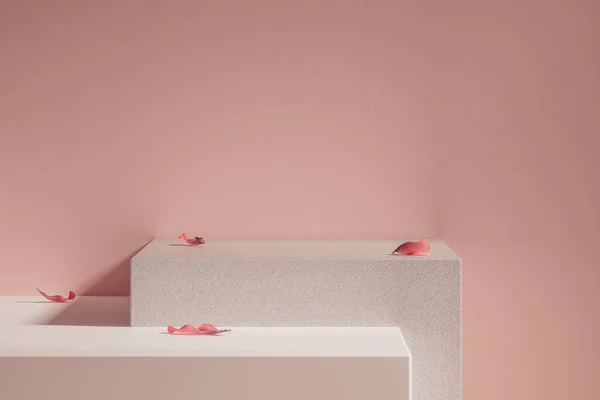 白いテーブルトップとピンクの壁の背景と3Dプレゼンテーション石の台座 化粧品その他の製品用の表示用又は広告用の表示用表示用モックアップの3Dレンダリング — ストック写真