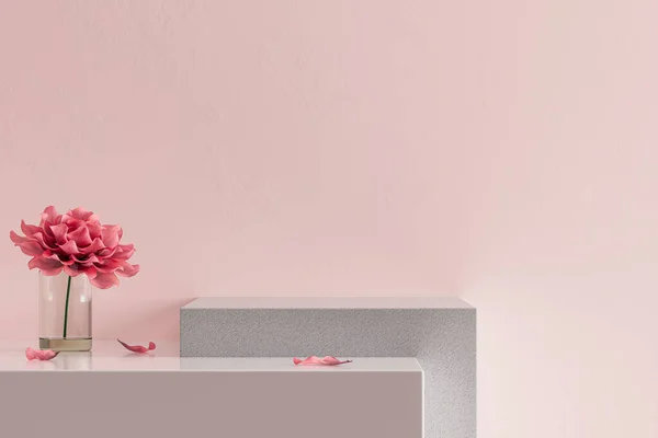 花瓶やピンクのテーブルトップの背景に花と3Dプレゼンテーション石の台座 化粧品その他の製品用の表示用又は広告用の表示用表示用モックアップの3Dレンダリング — ストック写真