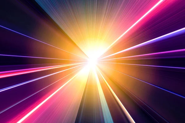 鮮やかなネオンラインで作られた光トンネルの3Dイラスト 明るい光の道 展望台の3Dレンダリング トンネルの端の光は — ストック写真