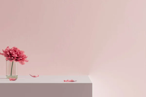 Prezentacja Cokół Kwiatem Wazonie Różowym Tle Blatu Renderowanie Makiety Prezentacji — Zdjęcie stockowe