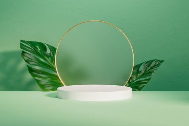 3D sunum, arka plan duvarında yapraklar ve altın çerçeveli beyaz kaide. Kozmetik veya diğer ürünlerin tanıtım amaçlı sunum podyumunun 3d modellemesi