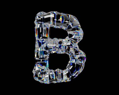 Doğal saydam elmas benzeri malzemeden yapılmış mektuplar. Beyaz arkaplanda izole edilmiş cam alfabesinin 3d çizimi