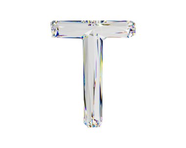 Doğal saydam elmas benzeri malzemeden yapılmış mektuplar. Beyaz arkaplanda izole edilmiş cam alfabesinin 3d çizimi