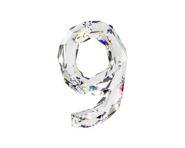 Elmas benzeri doğal saydam maddeden yapılmış rakamlar. Beyaz arkaplanda izole edilmiş cam alfabesinin 3d çizimi