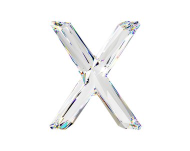 Doğal saydam elmas benzeri malzemeden yapılmış mektuplar. Beyaz arkaplanda izole edilmiş cam alfabesinin 3d çizimi