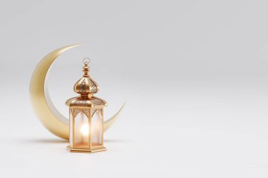 Ramazan feneri ve hilal ile izole edilmiş 3 boyutlu illüstrasyon. Ramazan Kareem, Mawlid, iftar, İsrail Miraj, Kurban Bayramı ve Muharram 'ın tebrik kartları için 3D natürmort..