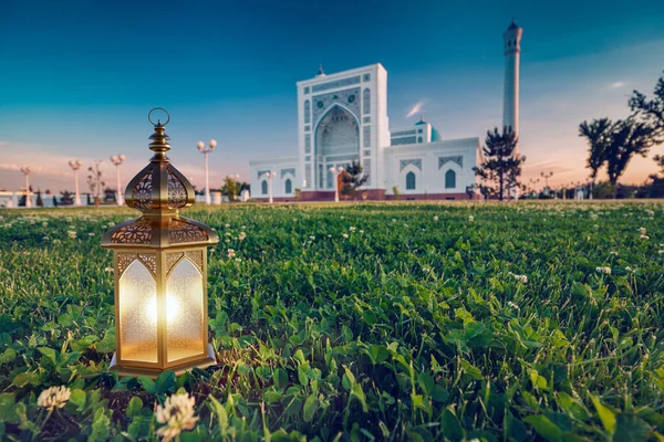 Большая Красивая Мечеть Вне Фокуса Зеленой Травой Ислам Фонарь Фокусе — стоковое фото