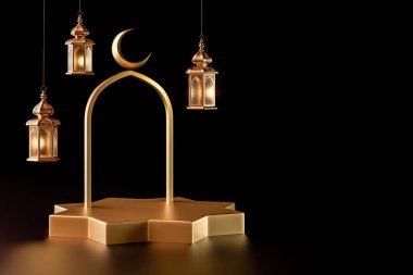 Ramazan feneri, hilal ve altın kaideyle izole edilmiş 3 boyutlu İslami arka plan. Ramazan Kareem, Mawlid, iftar, İsrail Miraj, Kurban Bayramı ve Muharram için tebrik kartı modeli.