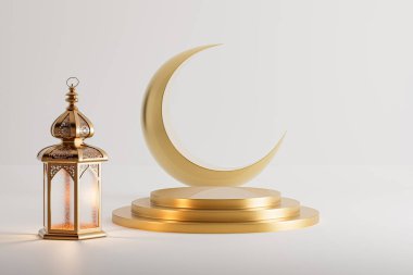 Ramazan feneri, hilal ve altın kaideyle izole edilmiş 3 boyutlu İslami arka plan. Ramazan Kareem, Mawlid, iftar, İsrail Miraj, Kurban Bayramı ve Muharram için tebrik kartı modeli.