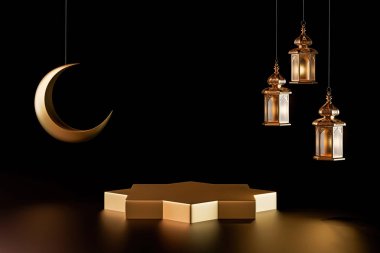Ramazan feneri, hilal ve altın kaideyle izole edilmiş 3 boyutlu İslami arka plan. Ramazan Kareem, Mawlid, iftar, İsrail Miraj, Kurban Bayramı ve Muharram için tebrik kartı modeli.