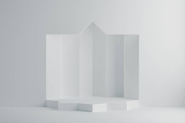 Sekizgen sahne kaidesi olan beyaz arkaplanın üç boyutlu çizimi. Gösteri için kağıttan yapılmış Octagram sahne podyumu