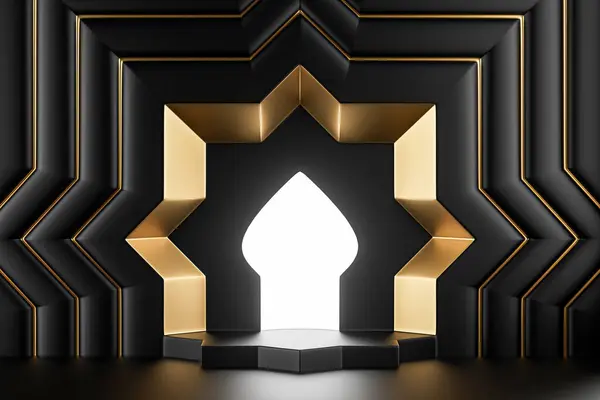 3d illustration of black and gold background with arch in islamic style. Octogonal geometric scene with light portal for display or showcase
