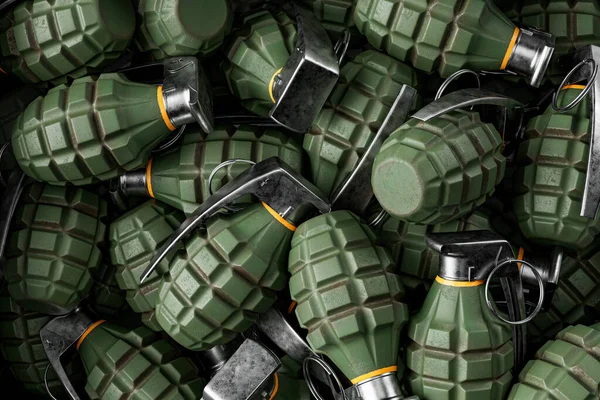 Bunch Metal Hand Grenades Laying Box Dangerous Weapon War Symbolizing — Stock Photo, Image