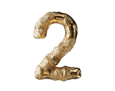 Ham altından yapılmış bir rakam. Beyaz arkaplanda izole edilmiş 3d altın sayı çizimi