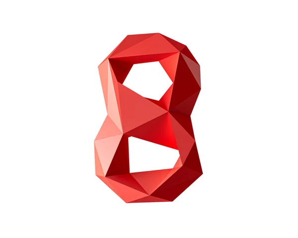 用低聚红色材料制成的数字 白色背景下孤立的简单多边形数的3D图解 — 图库照片