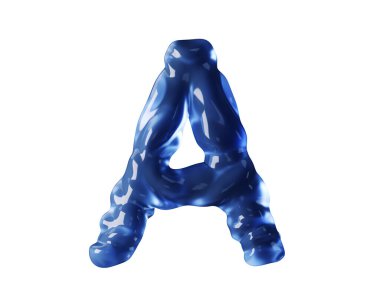 Dalgalı sıvı gibi mavi sudan yapılmış harfler. Beyaz arkaplanda izole edilmiş kırmızı alfabenin 3d çizimi