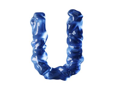 Dalgalı sıvı gibi mavi sudan yapılmış harfler. Beyaz arkaplanda izole edilmiş kırmızı alfabenin 3d çizimi