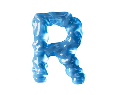 Dalgalı sıvı gibi mavi sudan yapılmış harfler. Beyaz arkaplanda izole edilmiş kırmızı alfabenin 3d çizimi