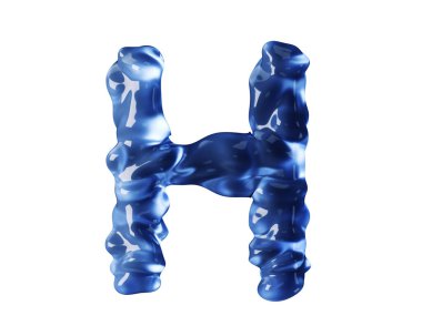 Dalgalı sıvı gibi mavi sudan yapılmış harfler. Beyaz arkaplanda izole edilmiş kırmızı alfabenin 3d çizimi