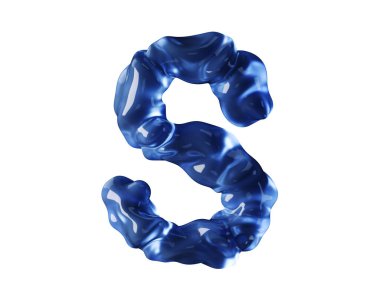 Dalgalı sıvı gibi mavi sudan yapılmış harfler. Beyaz arkaplanda izole edilmiş kırmızı alfabenin 3d çizimi