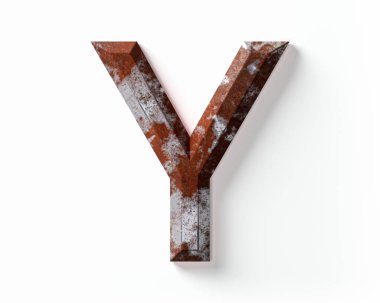 Paslı metalden yapılmış harfler. Paslı demir alfabesinin beyaz arkaplanda izole edilmiş 3D çizimi