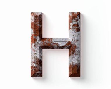 Paslı metalden yapılmış harfler. Paslı demir alfabesinin beyaz arkaplanda izole edilmiş 3D çizimi