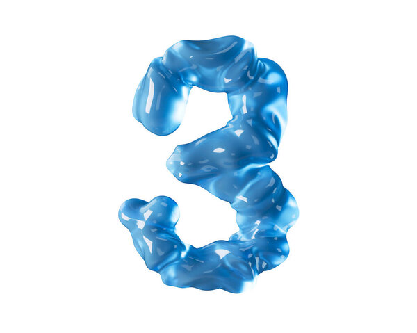 Digit made of blue water like wavy liquid. 3d illustration of red number isolated on white background
