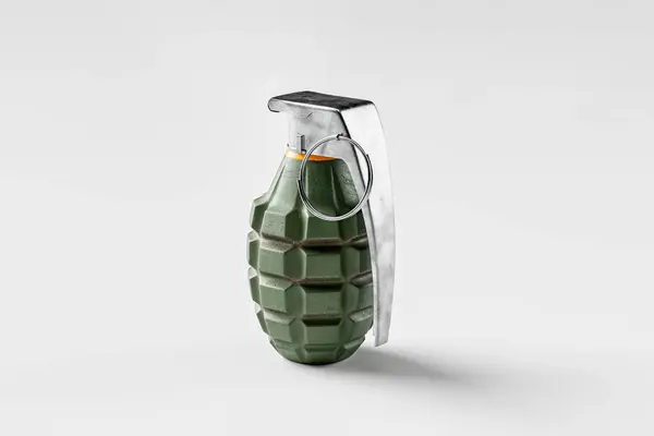 Isolated metal hand grenade with white background. A dangerous weapon of war, symbolizing violence. 3D illustration for military and combat equipment. Throw bomb