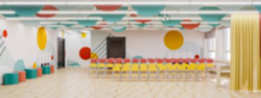 Kamu kurumunun bulanık modern içinin 3 boyutlu çizimi. Anaokulunun ya da okul konser salonunun ya da açık renkli oditoryumun odağını kaybetmiş.