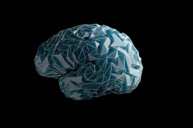 Şekillendirilmiş düşük-polinezli beynin üç boyutlu çizimi zekayı ve yaratıcılığı simgeler. Mavi yarı saydam madde beyni siyah arkaplanda izole edilmiş.