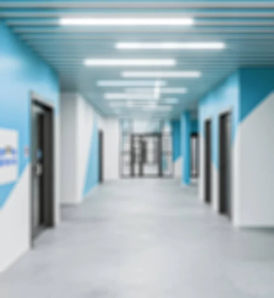 3d illustration of blurred modern interior of public institution. Defocused corridor of school or other community institution in blue colors