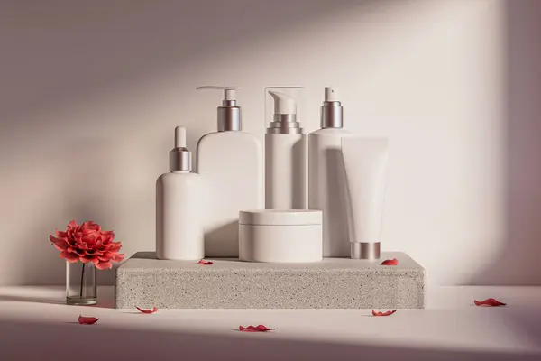 3D一组白色的不同化妆品容器的插图 立在白色背景的基座上 化妆品罐 喷雾器和其他模拟容器 — 图库照片