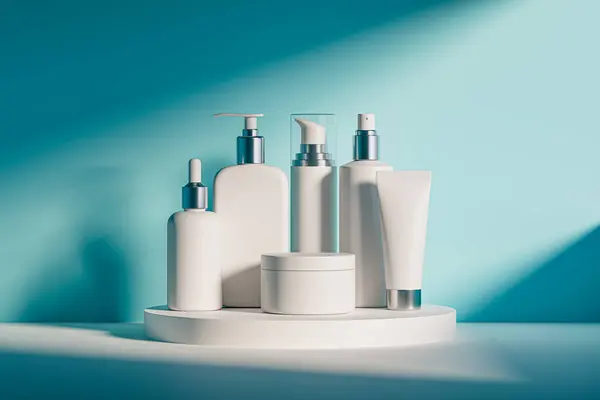 3D一组白色的不同化妆品容器的图解 立在蓝色底座之上 化妆品罐 喷雾器和其他模拟容器 — 图库照片