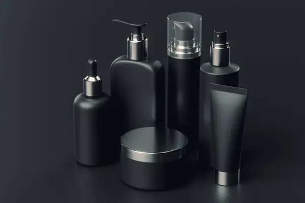 3d isometric illustration of set of diverse cosmetic containers in black color isolated on black background. Cosmetic jars, bottles, tube, sprays and other containers mockup