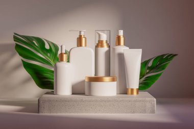 Beyaz arkaplan üzerinde duran beyaz renkli çeşitli kozmetik kapların 3D çizimi. Kozmetik kavanozları, şişeler, tüpler, spreyler ve diğer kaplar.