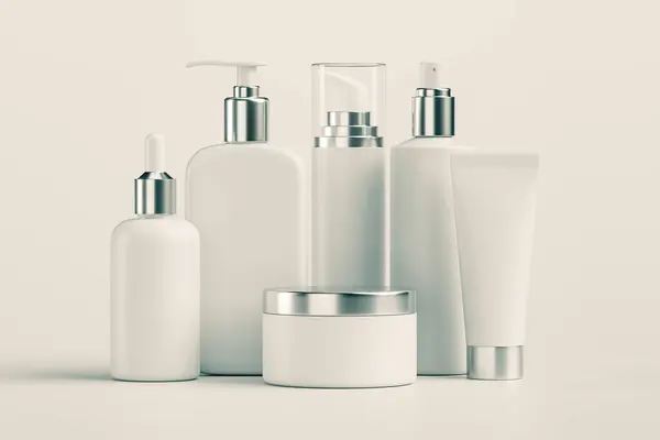 3d illustration of set of diverse cosmetic containers in white color isolated on white background. Cosmetic jars, bottles, tube, sprays and other containers mockup