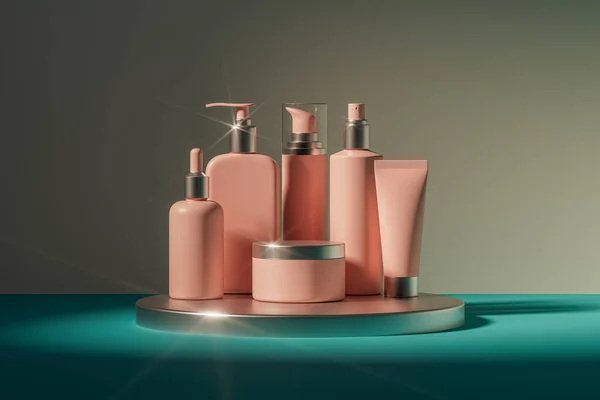Illustration Uppsättning Olika Kosmetiska Behållare Rosa Färg Stående Metall Piedestal — Stockfoto