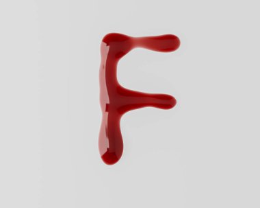 Sıvı gibi kırmızı kandan yapılmış harfler. Beyaz arkaplanda izole edilmiş kırmızı alfabenin 3d çizimi