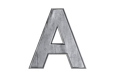 Kaba, çizik ve hasarlı metalden yapılmış harfler. Beyaz arkaplanda izole edilmiş demir alfabesinin 3d çizimi