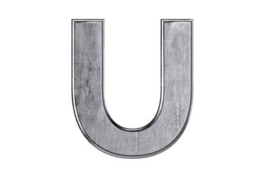 Kaba, çizik ve hasarlı metalden yapılmış harfler. Beyaz arkaplanda izole edilmiş demir alfabesinin 3d çizimi