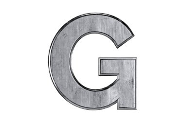 Kaba, çizik ve hasarlı metalden yapılmış harfler. Beyaz arkaplanda izole edilmiş demir alfabesinin 3d çizimi