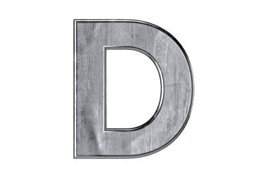 Kaba, çizik ve hasarlı metalden yapılmış harfler. Beyaz arkaplanda izole edilmiş demir alfabesinin 3d çizimi