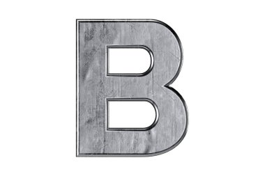 Kaba, çizik ve hasarlı metalden yapılmış harfler. Beyaz arkaplanda izole edilmiş demir alfabesinin 3d çizimi