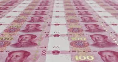 100 Yuan 'lık banknotların 3 boyutlu animasyonu. Kusursuz bir 4K 3D animasyon. Mali işlemler ve süreçler kavramı