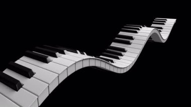 Siyah uzayda uçan piyano tuşlarının 3 boyutlu animasyonu. Piyano klavyesi 4K 3D video sallıyor