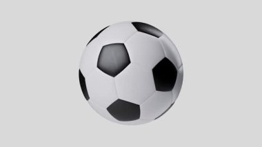 Siyah beyaz futbol topunun 3 boyutlu animasyonu. Futbol topu kompozisyon için kimlik renkleriyle yavaşça beyazın üzerinde döner. 4K 3D animasyon sorunsuz bir şekilde çevrilebilir